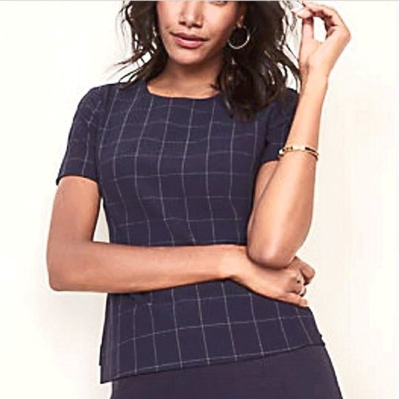 Ann Taylor Short Sleeve Windowpane Top in Navy Four Way Stretch - Picture 1 of 12